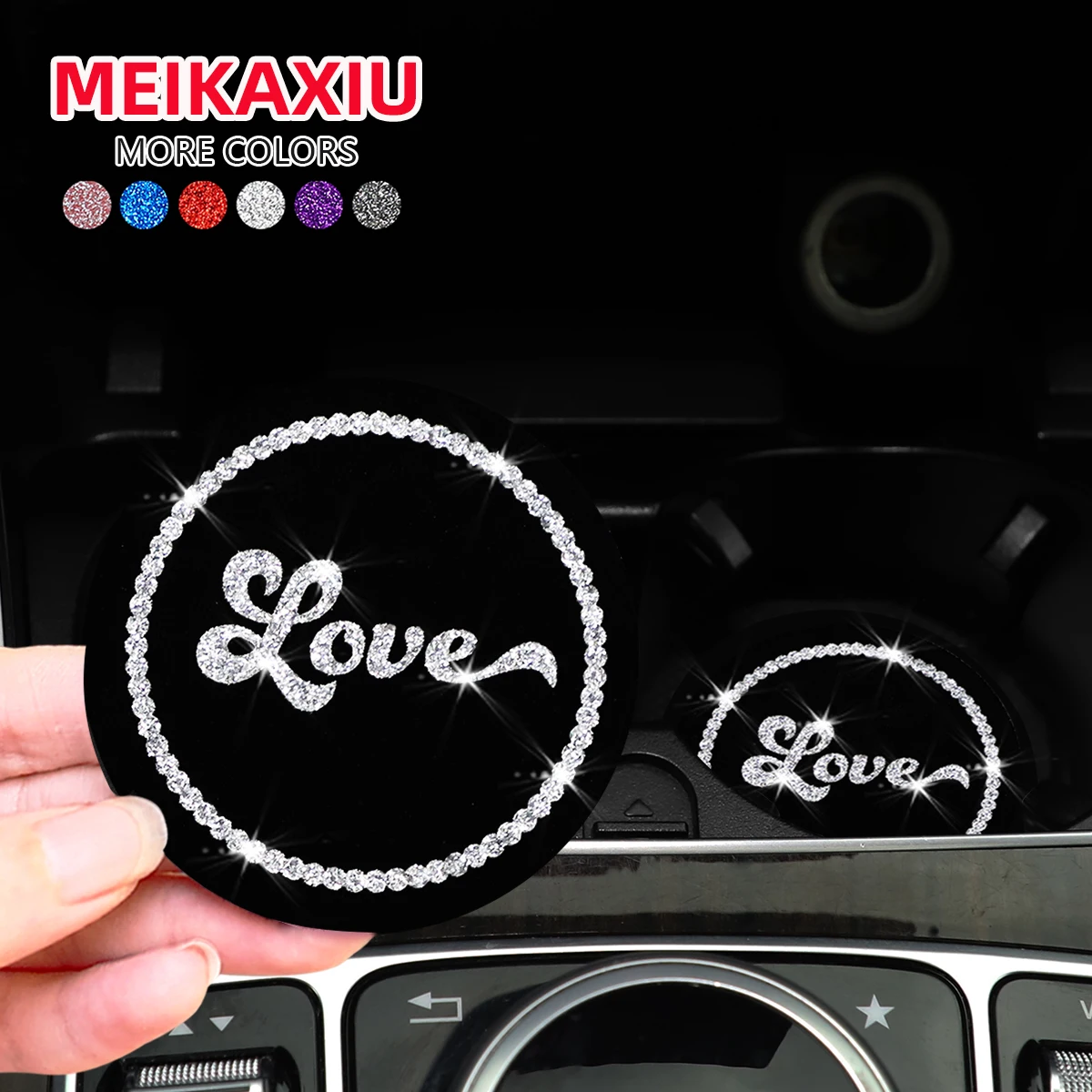 2 LOVE Glitter Blingbling fabric waterproof car coasters pair of decorative non-slip MATS for car interiors all-season