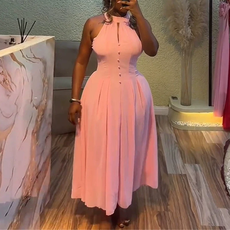 

Элегантное женское простое вечернее платье для вечеринок, повседневное платье без рукавов с вырезами и бретелью через шею, летнее платье с завышенной талией, однотонное плиссированное платье