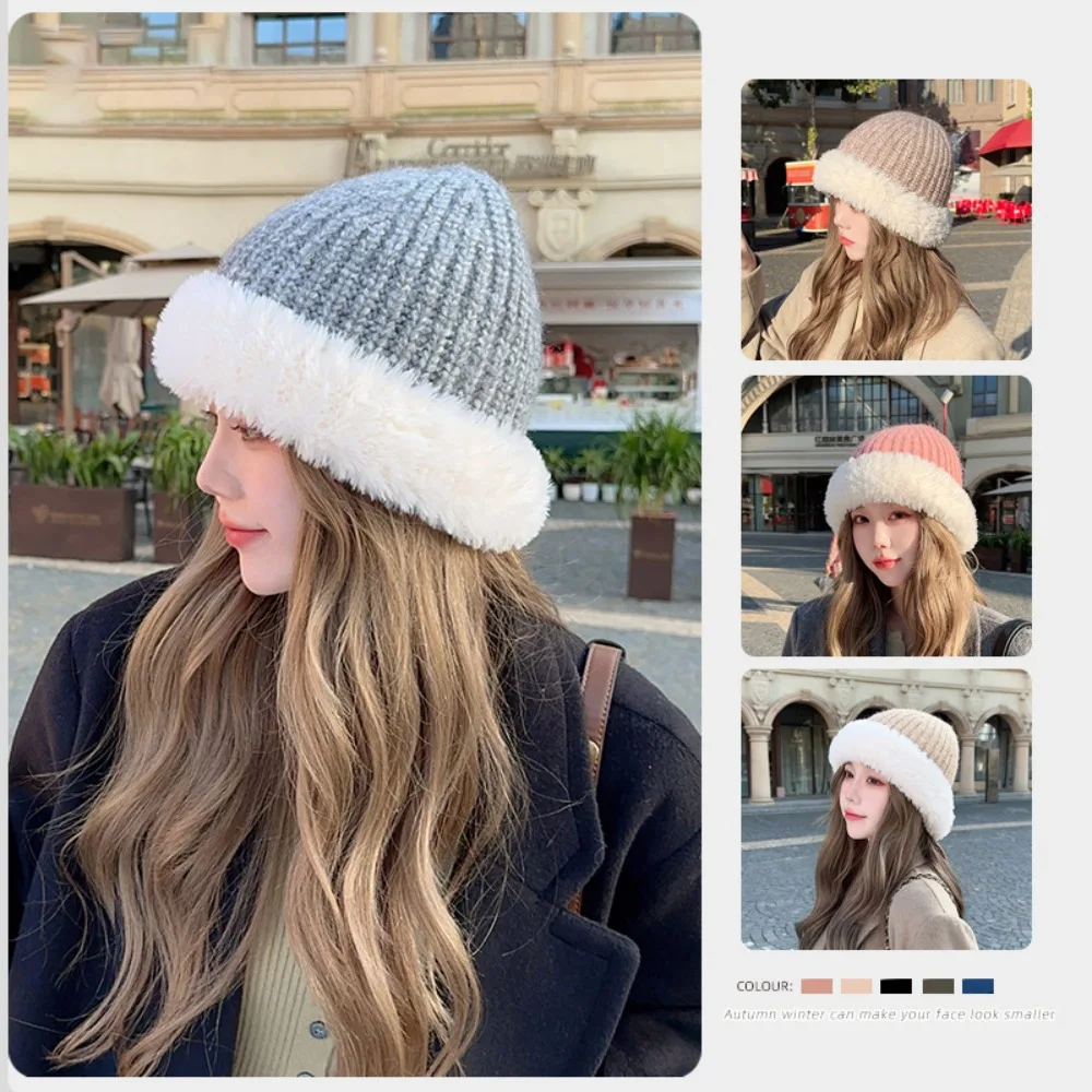 Elegant Versatile Bucket Hat Large Head Circumference Thickened Plush Hat Splicing Warm White Warm Knitted Wool Hat Hair