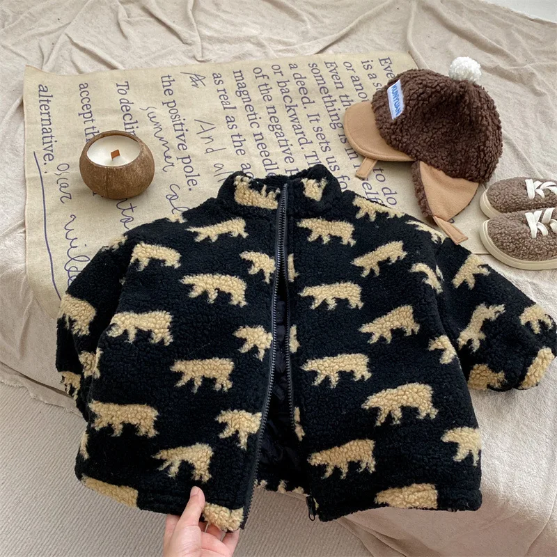 Boys Thickened Coat Winter New Fashionable Cartoon Printed Warm Cotton Jacket for Girl Children Lamb Wool Casual Outerwear