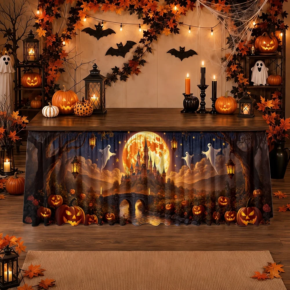 tableskirt Halloween Gothic Castle Moonlit Night Pumpkins Ghosts Lanterns Bridge zyc