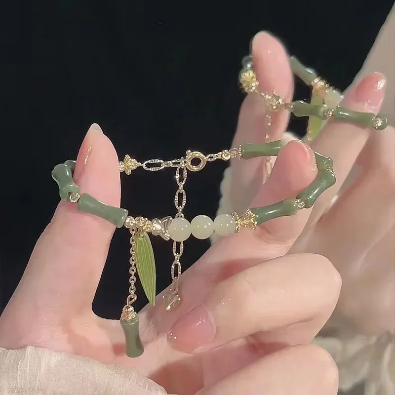 1Pcs Handmade Green Color Natural Stone Bamboo Joint Leaves Tassel Beads Strand Beaded Bracelet for Women Accessories