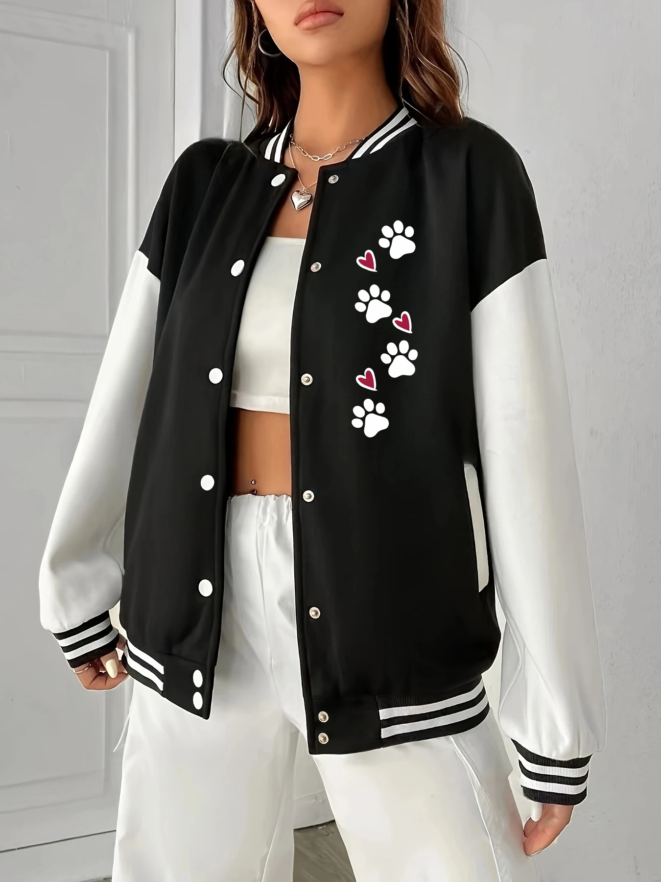 

Куртка-бомбер женская с принтом лап и сердца, повседневная, в стиле хип-хоп, уличная мода, милая, теплая, флисовая, зимняя