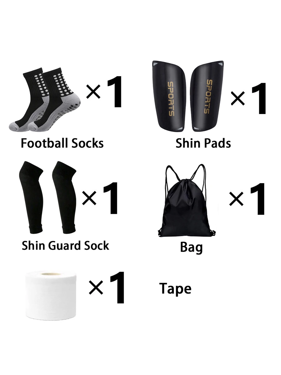 

Набор из 5 предметов: носки для футбола и активного отдыха (мужские и женские), носки-бандажи, мешок для мяча на шнурке, защита для ног от ударов, спортивный тейп