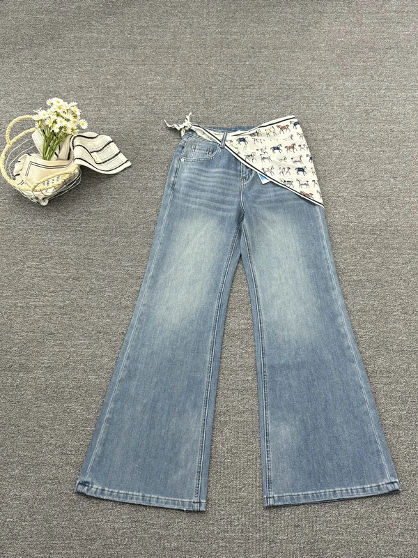 

Spring 2026 High Waist Wide Leg Denim Jeans Women's Micro Flared Jeans Washed out Soft Bell Bottoms with Scarf Detail