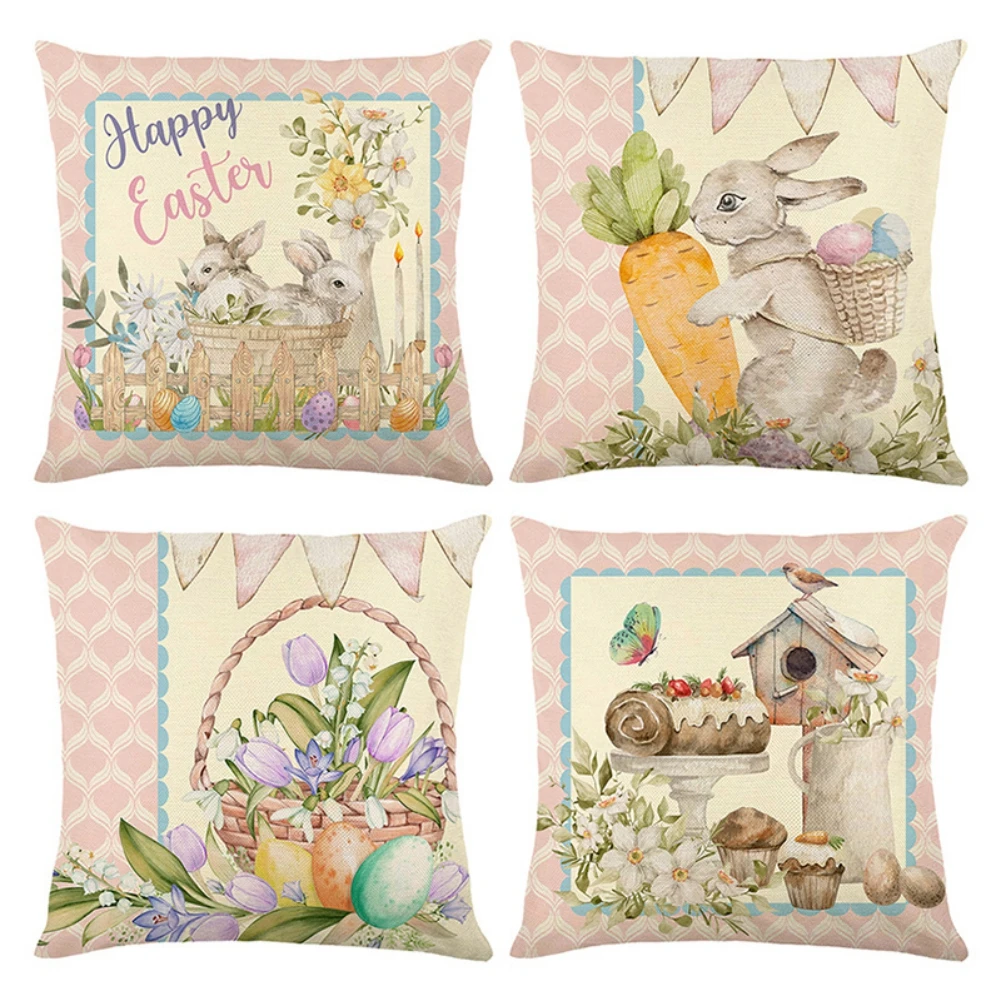 Easter Bunny Pillowcase 45x45cm Flowers Letter Pillowcase Farmhouse Home Sofa Car Decorative Throw Pillow Cover Easter Gift