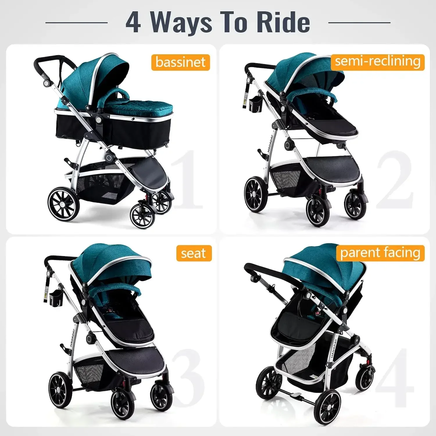 Hagaday Baby Stroller, 2-in-1 Reversible Toddler Seat with Bassinet Mode, Foldable Infant Stroller with Canopy, One Button Brake