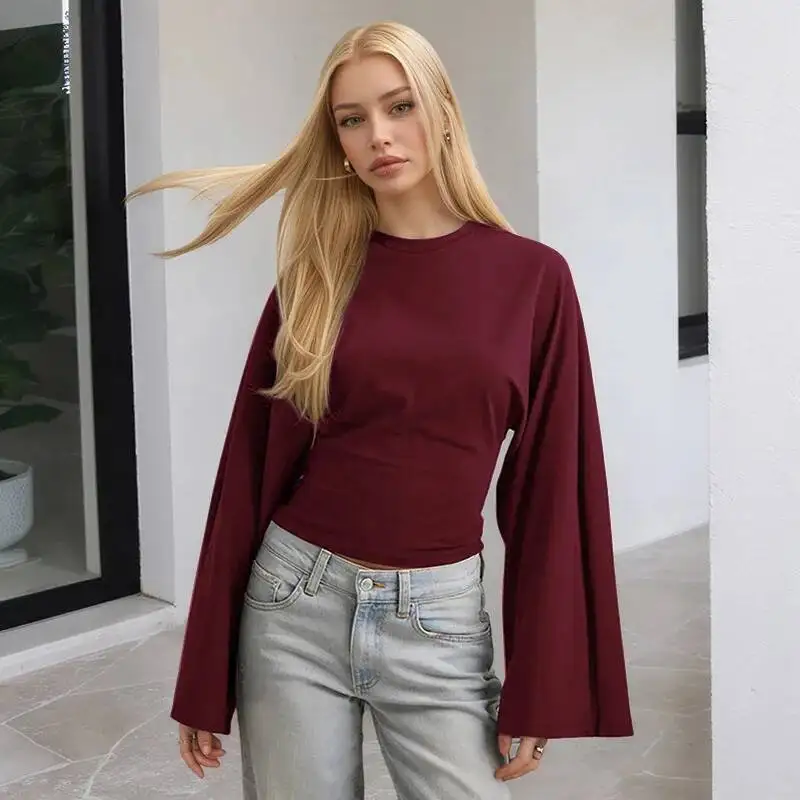 Women T-shirt 2026 Spring New Women's Solid Color Long Sleeve Top Round Neck Regular Shoulder Wide Sleeve Slim Waist Sexy Blouse
