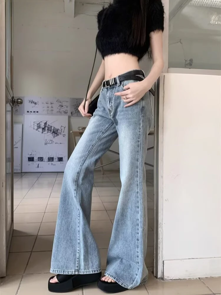 Skinny Y2k Jeans Women Blue Washed Spicy Girls Vintage Korean Fashion Streetwear Tender Low Waist All-match Chic Flare Trousers