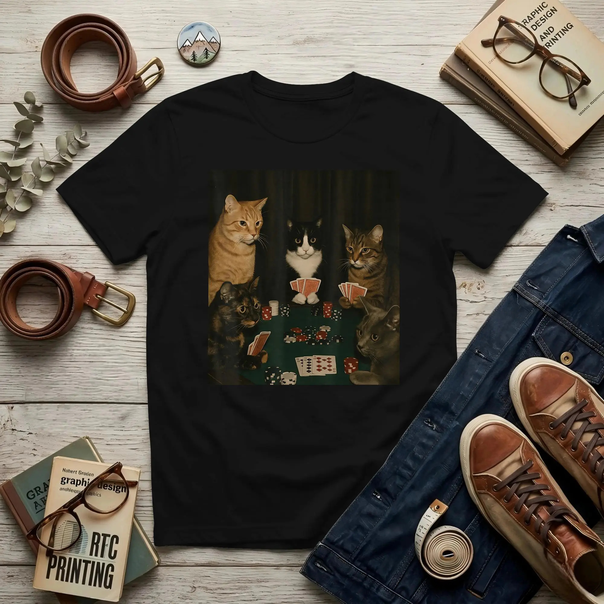 Vintage Cats Playing Poker Men T Shirt  Cat Leisure Tee Shirt Short Sleeve O Neck 100% Cotton Unique Clothing T-Shirt