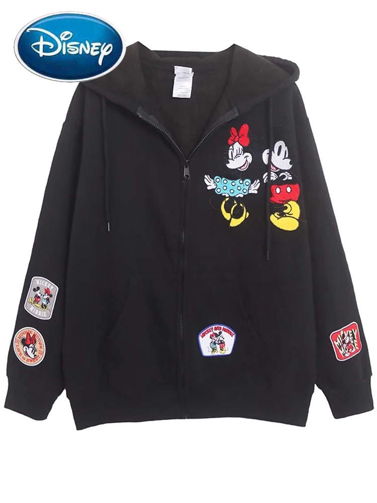 

Disney Castle Sweatshirt Minnie Mickey Mouse Print Embroidery Appliques Unisex Couple Women Zip Pocket Hooded Fleece Jumper Tops