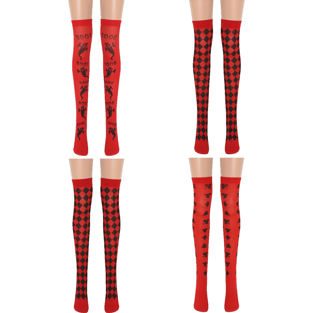 Woman Long Tube Stockings Ghost Pattern Halloween Cosplay Props Heart Spade Club Nylon Stockings Black Diamond Knee-High Socks