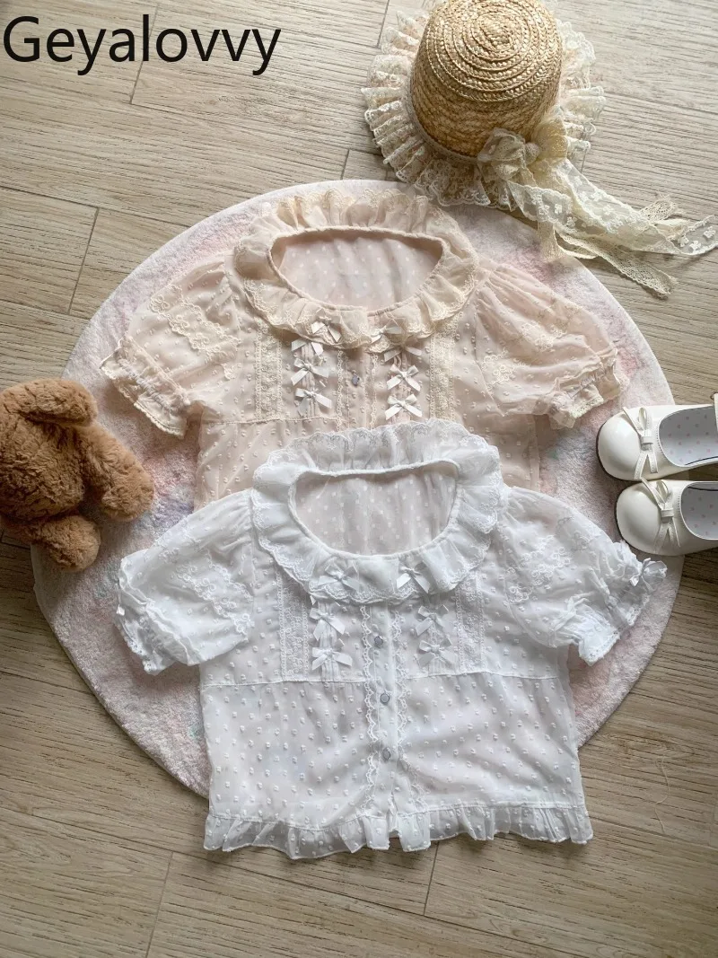 

Summer New Versatile Lolita Short Inner Top Sweet Cute Girls Lace Collar Single Breasted Bubble Short-sleeved Shirt for Women