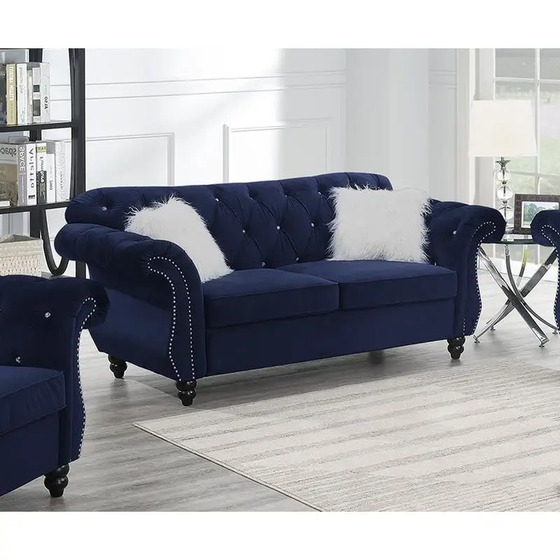 Indigo Velvet Loveseat with Pillows, 2-Seat Sofa for Living Room, Elegant Furniture Piece