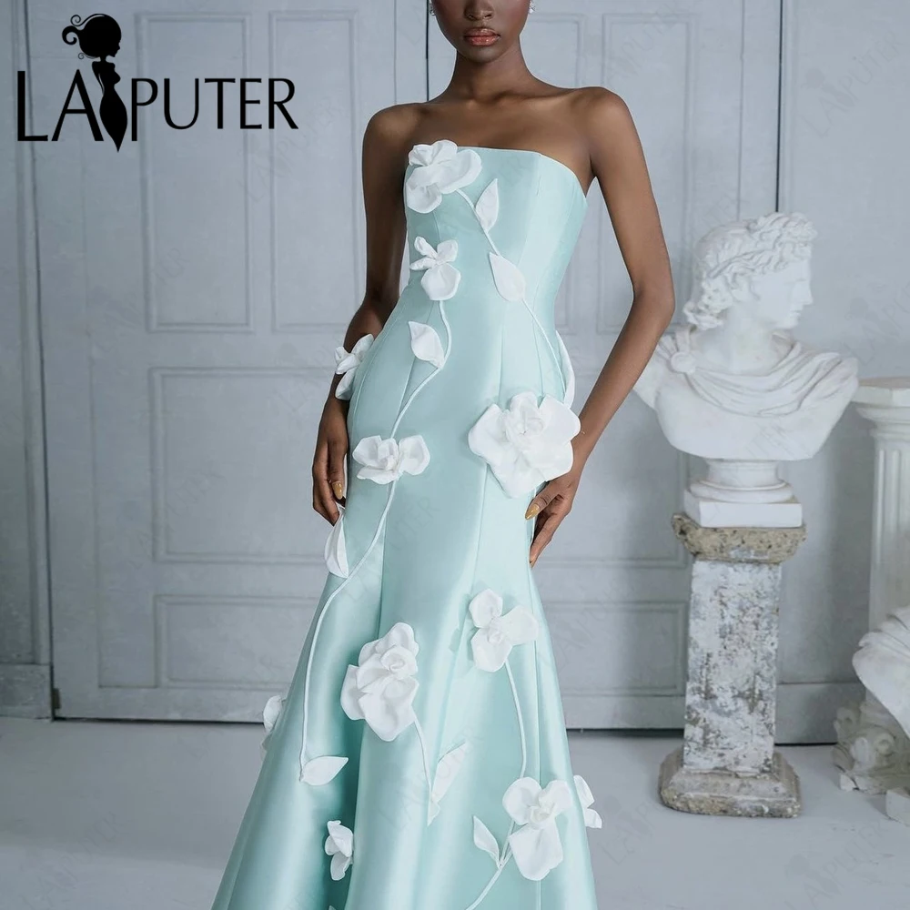 3D Flowers Mint Blue Celebrity Evening Dresses Off Shoulder Strapless Neck Back Train Fashion Star Satin Woman Formal Dress