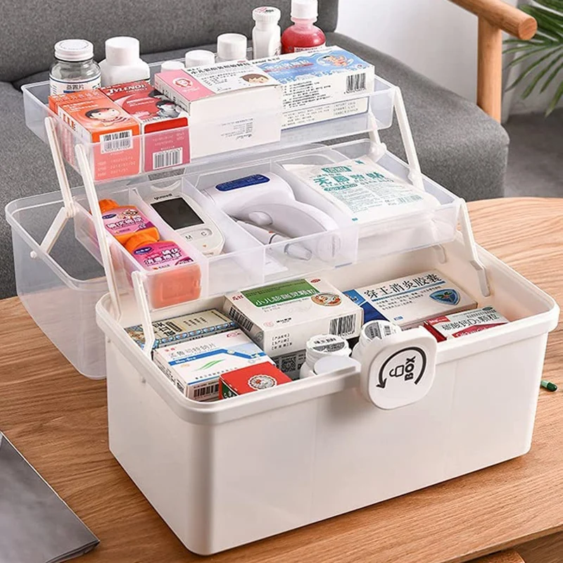 Plastic Storage Box With 3-Tier Fold Tray,Tool Organizer,Portable Lockable Container