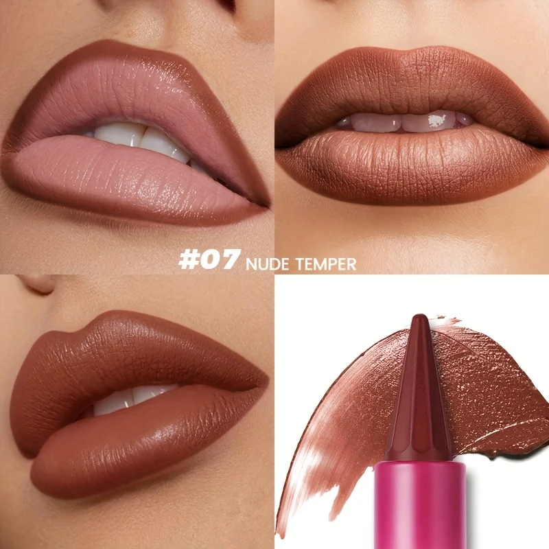 Pudaier Matte Velvet Lip Liner & Lipstick - ดินสอเขียนขอบปากที่มีความแม่นยําแบบ Dual-Use เพื่อสีเรียบเนียนและติดทนนานในสีน้ําตาล, ชมพู,