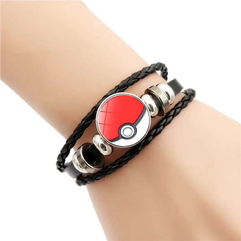 Pokemon Pikachu Anime Snap Weave Leather Bracelet Glass Cabochon Adjustable Bangle Jewelry Woven Bracelet for Women Kids Gift