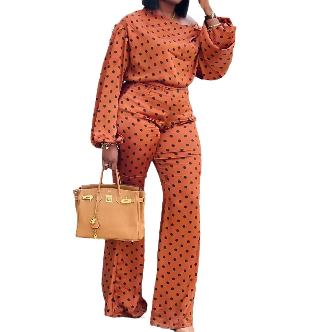 autumn Fashion Dot Printing Two Piece Set Women\'s Lantern Sleeve Skew Neck Top＋Casual High Waist Wide Leg Pants Suit Women