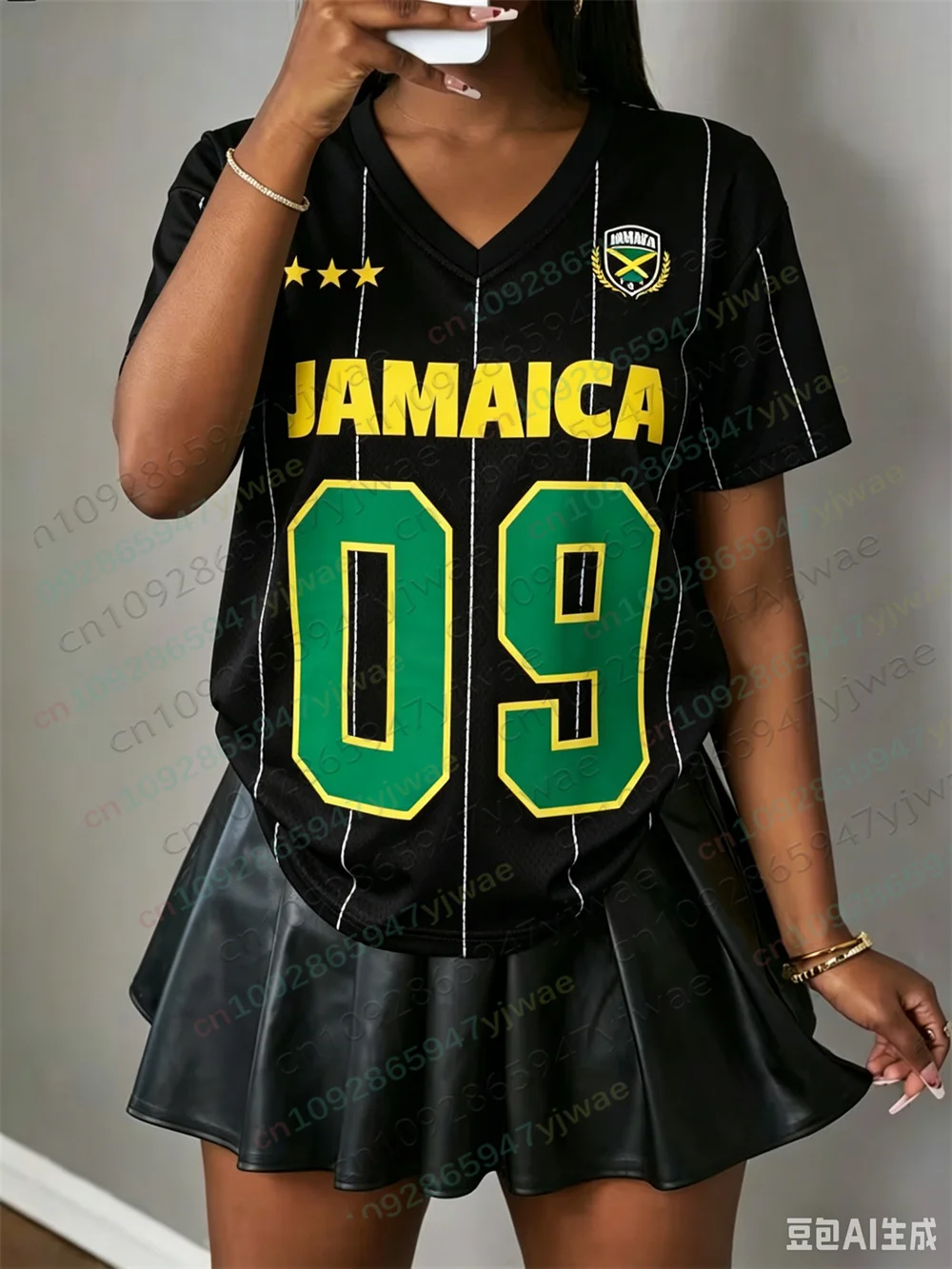 2026 Jamaica Mesh Soccer Jersey Striped Letter Printed Short Sleeved Fashionable Streetwear Summer Women'S T-Shirt Y2k Top view 2