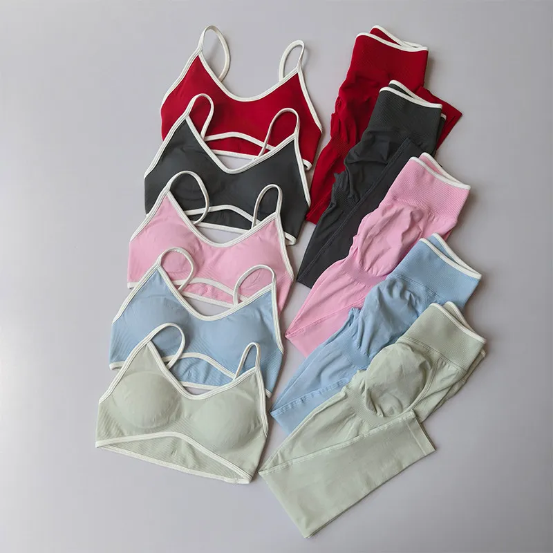 

Color blocking small camisole gathering sports bra high waist and hip lifting training fitness pants set