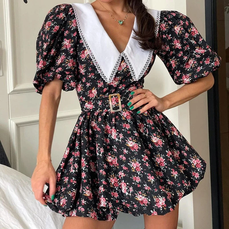 

Fashion Print Color Blocking A-line Dresses Spring Women Zipper Puff Sleeve Lapel Dress Autumn High Waist with Belt Mini Dress