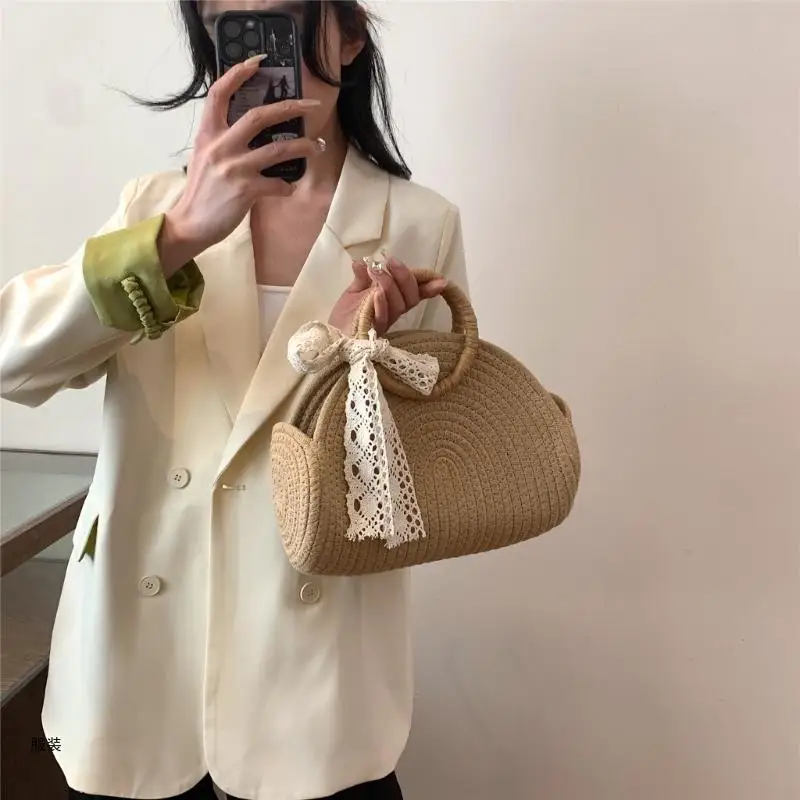 Bolso paja con asa superior a D0UD, bolso pequeño tejido a mano con lazo encaje