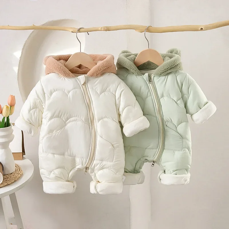 2026 Winter New Baby Clothing 0-2Y Newborn Thickened Jumpsuit Boys Fur Lining Hooded Romper Girls Warm Fleece Quilted Outwear