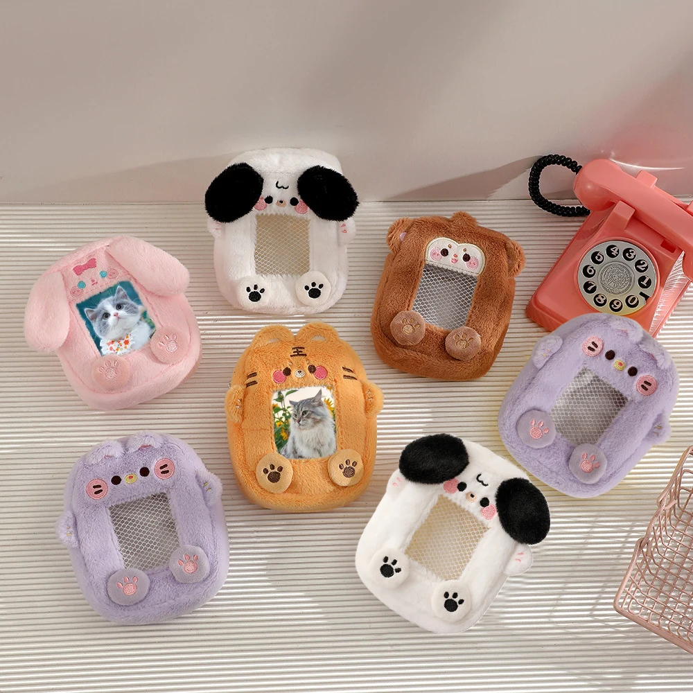 2 In 1 Plush Card Cover Cartoon Photocard Holder Soft Zipper Coin Bag Transparent Earphone Pouch Animal Series Keyring Pendant