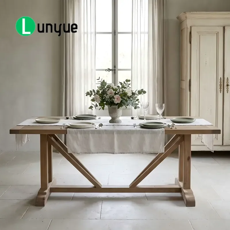 French Country Farmhouse Antique Solid Wood Handmade Rectangular Extendable Dining Table for Restaurant Home Furniture