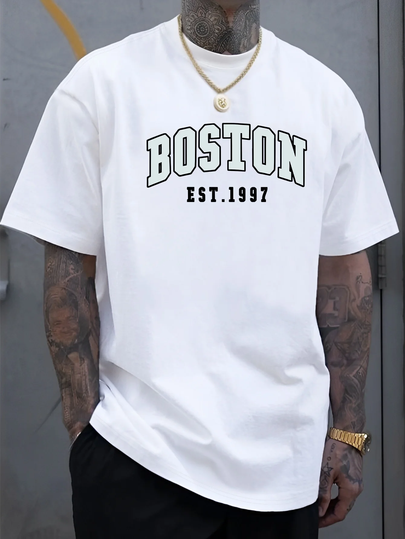 Men's New Fashion Boston Personality Casual Letter Print Short Sleeve Summer Cool Comfortable Summer Men's Casual Short Sleeve