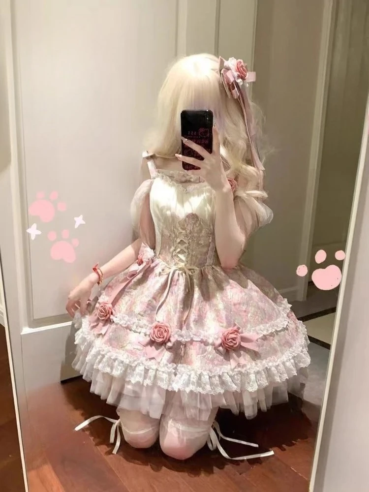 الحلو لوليتا المرأة فستان الأميرة قبالة الكتف حبال تصميم أنيق القوس الدانتيل ضئيلة Kawaii الإناث لطيف حفلة عادية لوليتا وتتسابق #4