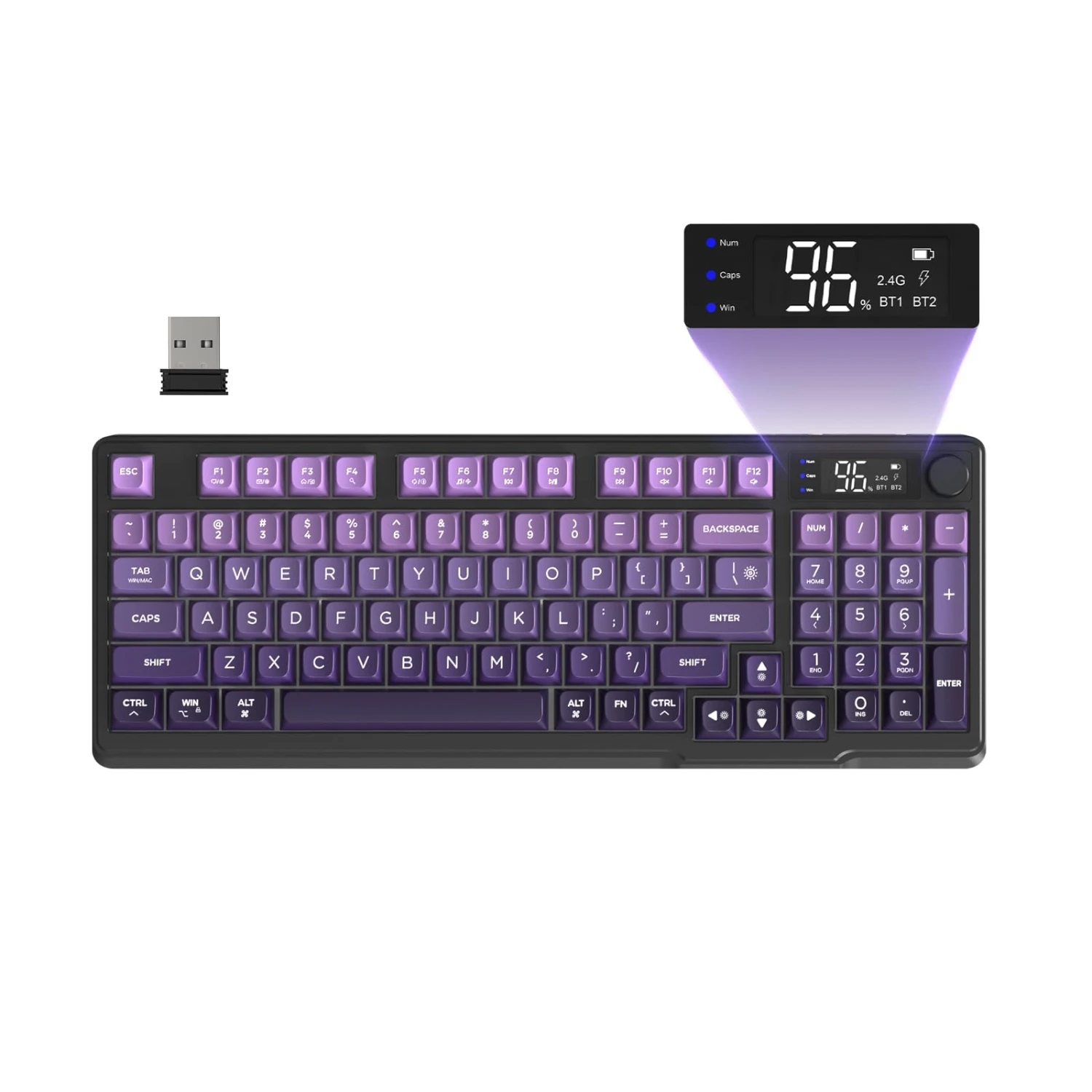 Freewolf M96 Wireless Gaming Keyboard, Knob Control BT/2.4g, RGB LED Backlight Display, Pbt Keycap, 3000mah Battery, Us Layout image 3