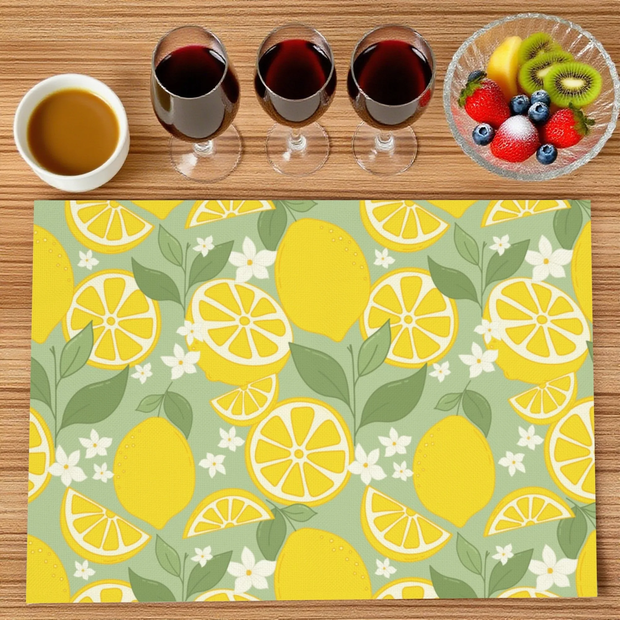 الصيف بعد الظهر وقت الشاي وجبة خفيفة تحديد الموقع الضوء الأخضر الليمون الأخضر ورقة وزهرة بيضاء عناصر الكرتون ديكور المطبخ حصيرة
