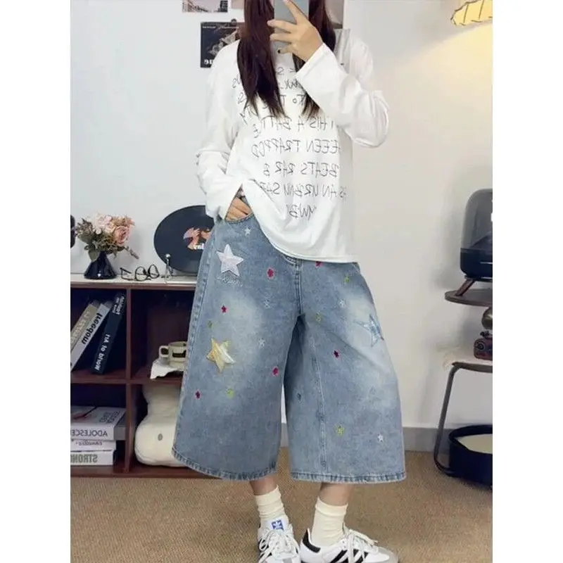 Y2K Women Seven Points Denim Jeans Colorful Star Embroidery Wide Leg Capri Pants Vintage Washed Loose Casual Street Trousers