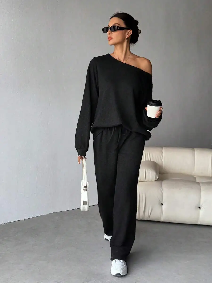 

Black Knit Off-Shoulder Sweatshirt And Lounge Pants Set Casual Two Piece Women Outfit