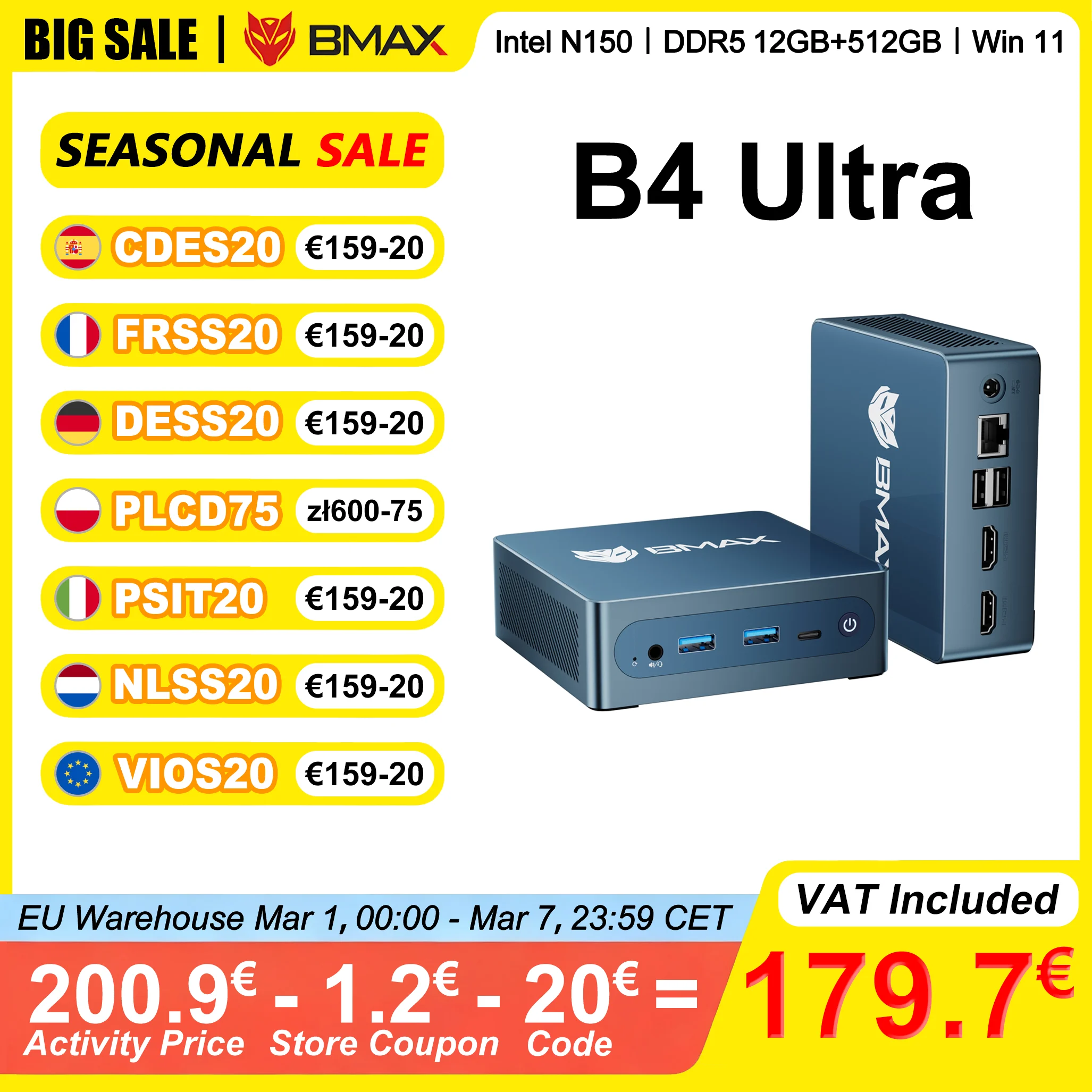 Mini PC BMAX B4 Ultra, LPDDR5 12 Go de RAM, 512 Go de ROM, Intel N150, Windows 11, 1 * Type-C, 2 * HDMI, prend en charge les graphismes Intel 1000MH