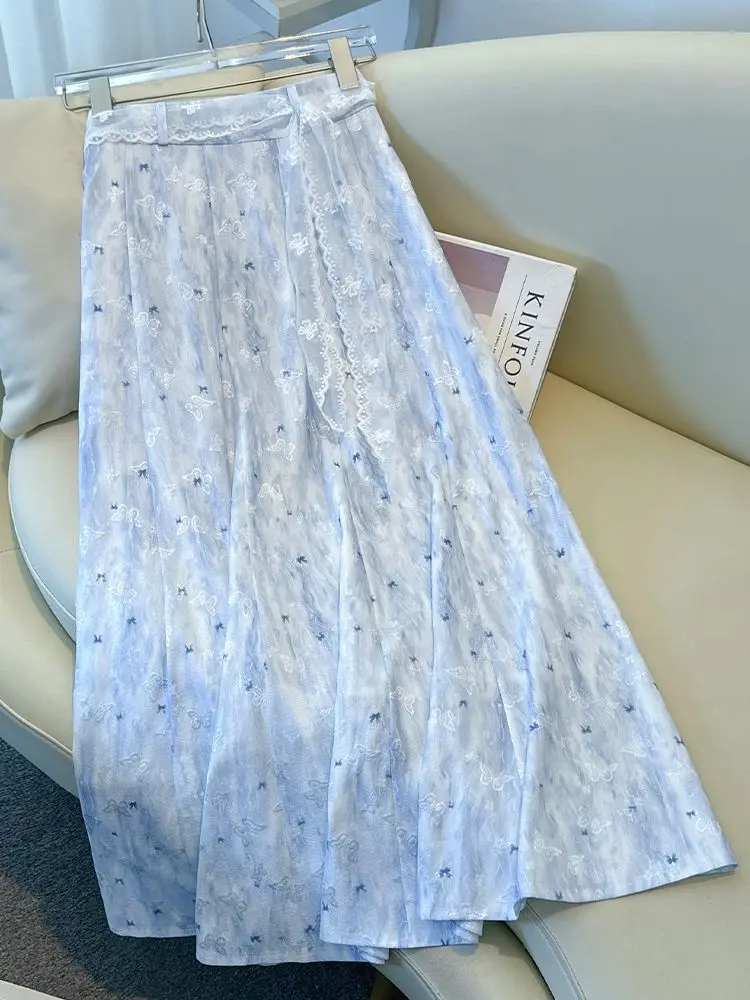 French Blue Butterfly Floral Chiffon Midi Skirt Women Spring Summer Lace Belt Loose A-line Skirt Elegant Versatile Fairy Clothes