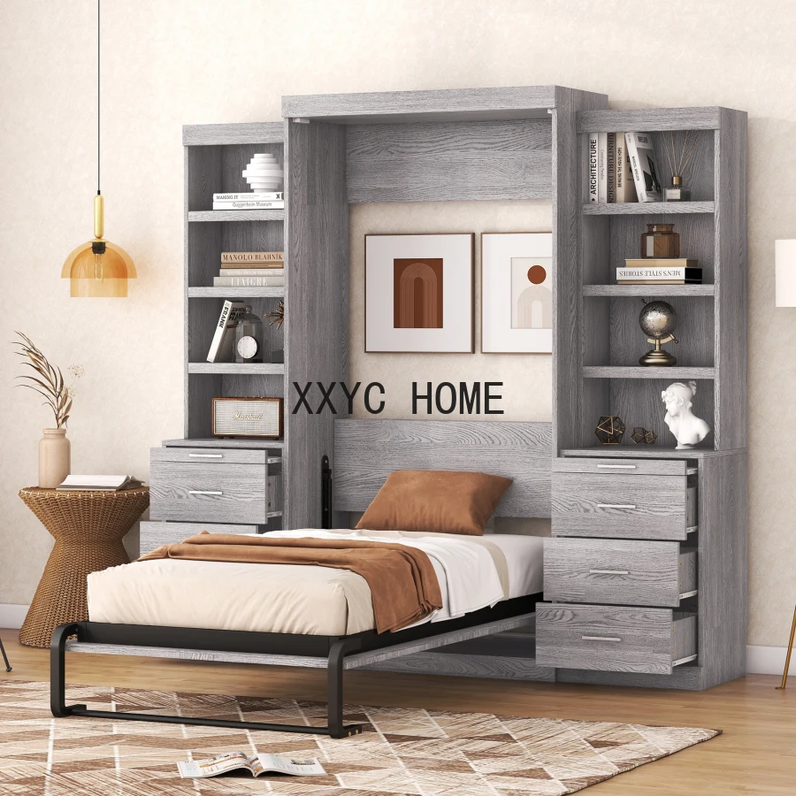 Murphy Bed,Twin Size Murphy Bed,Folding Bed with Multiple Storage Shelves & Drawers,Folded into a cabinet,Space-saving,Gray