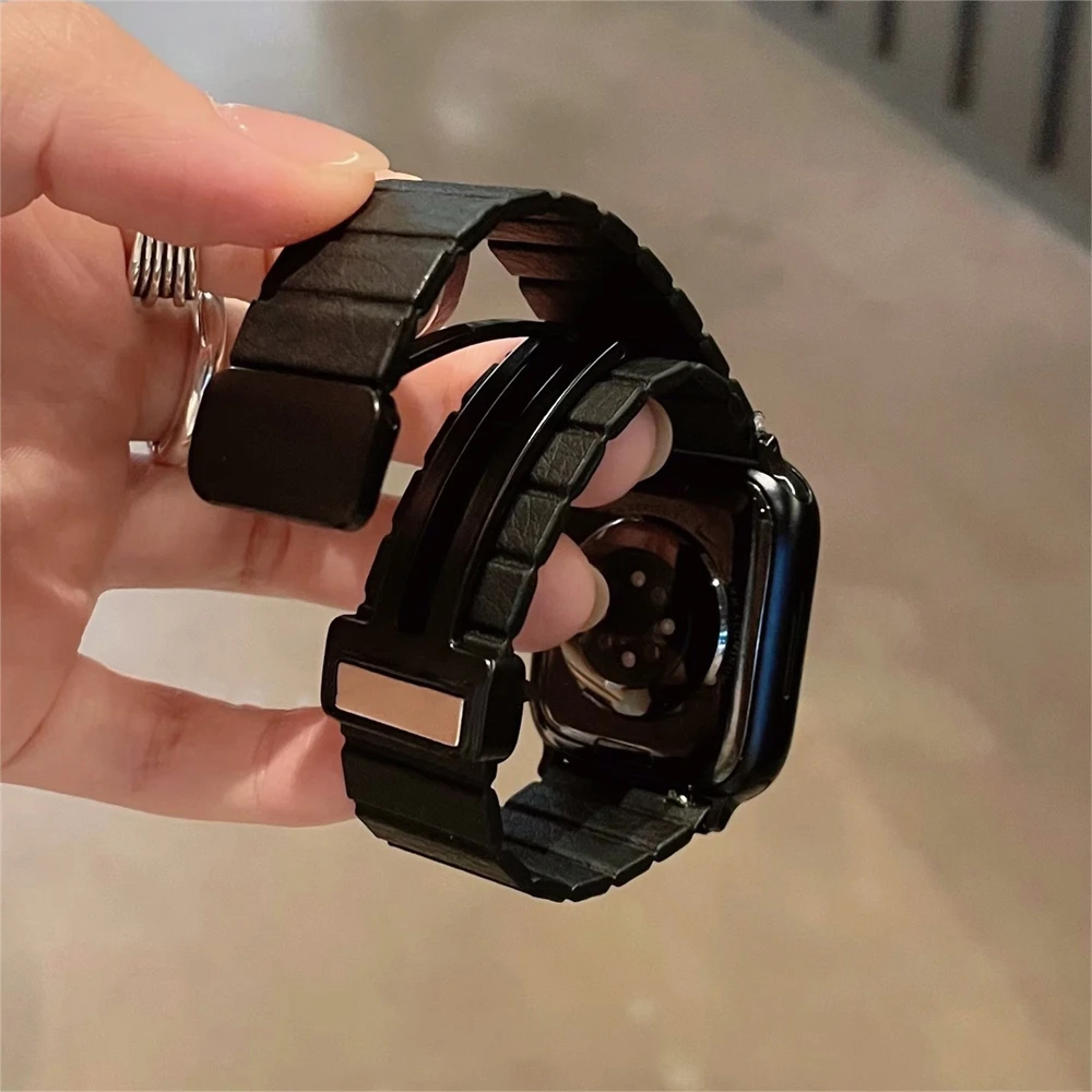 INS Luxury PU Leather Band For Apple Watch 44 40 45 41 49 42 38mm Magnetic Buckle Soft Strap For Ultra Series 9 8 SE 7 6 5 4 3