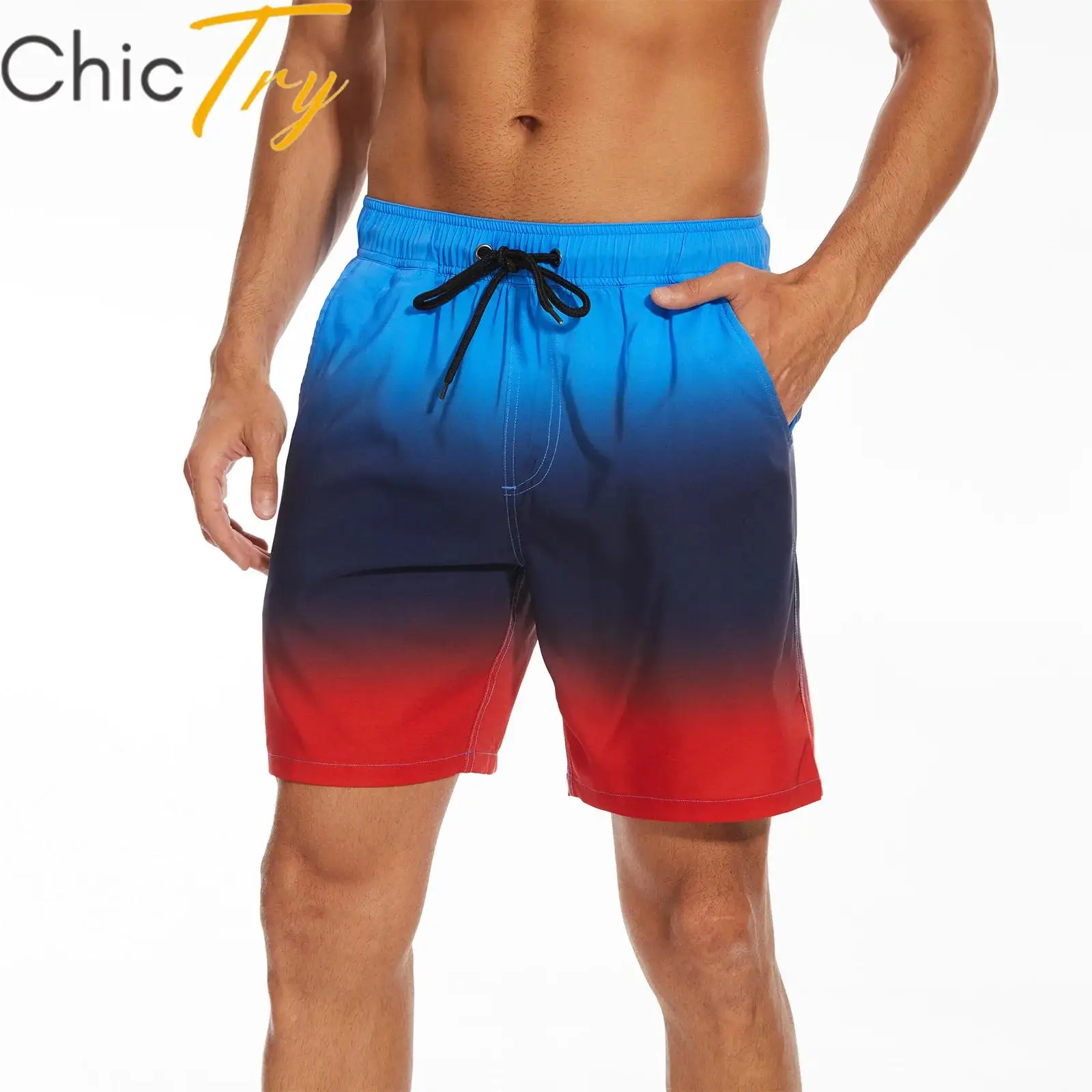 

Men 2-in-1 Gradient Swim Trunks Drawstring Elastic Waistband Quick-Drying Compression Liner Boxer Shorts Swimwear Summer Holiday
