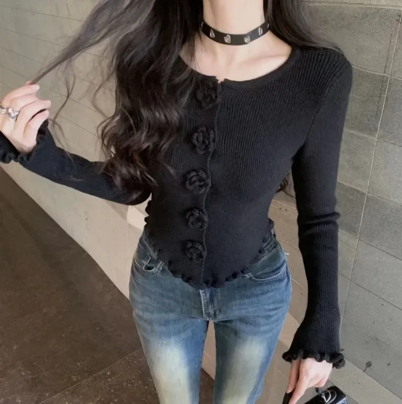 Ezgaga Knitted Cardigan Women Vintage Flowers Single Breasted Slim Cropped Sweater Outwear Vintage Elegant Female Tops