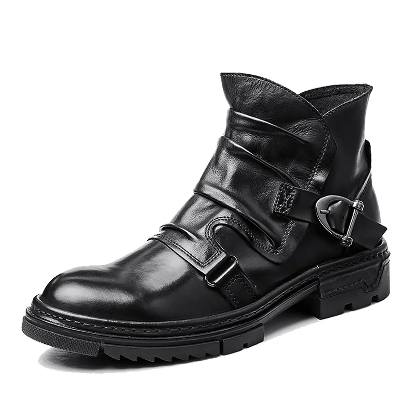 

Pleated Buckle Ankle Boots Genuine Leather Retro British Handmade Motorcycle Boots Vintage Shoes
