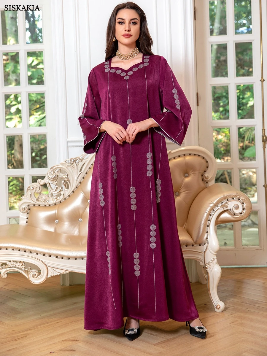 Siskakia Muslim Eid Women Abayas Fashion Satin Diamonds Long Dresses Turkish African Kaftan Clothing Moroccan Casual Kebaya 2024