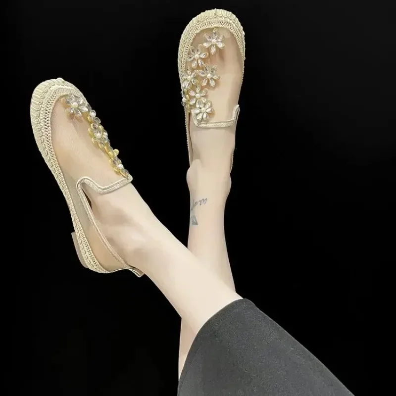 Summer Womens Casual Flat 2024 Rhinestones Flats Ladies Single Shoes Air Mesh Round Toe Loafers Female EU Size 35-40 PW135