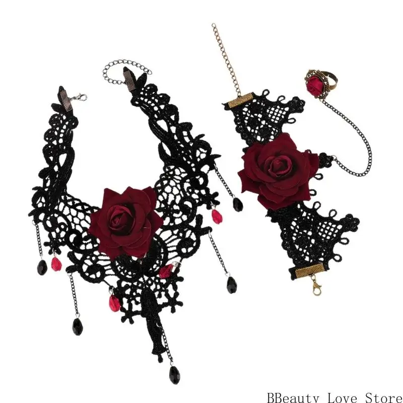 

Готическое кружевное колье, ожерелье, кольца на палец, браслет, ювелирные изделия на Хэллоуин
