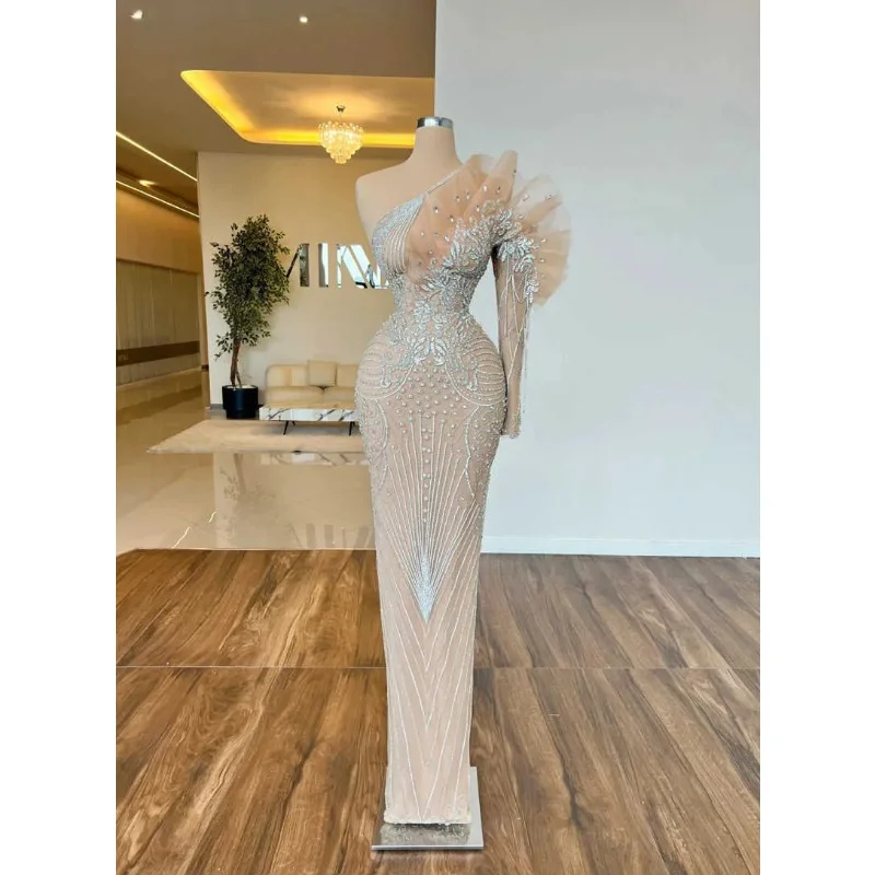 Elegant Beadeds Evening Dresses One Shoulder Floor Length Mermaid Prom Gowns Crystals Party Dress Vestdos De Fiesta Customized