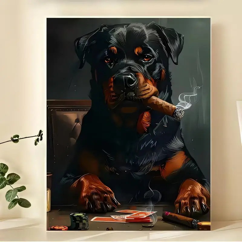 Retro Printed Metal Wall Art, Cool Rottweiler with Cigar & Poker, Black/Brown, Iron Material, Artistic Style - Perfect for Bar/G