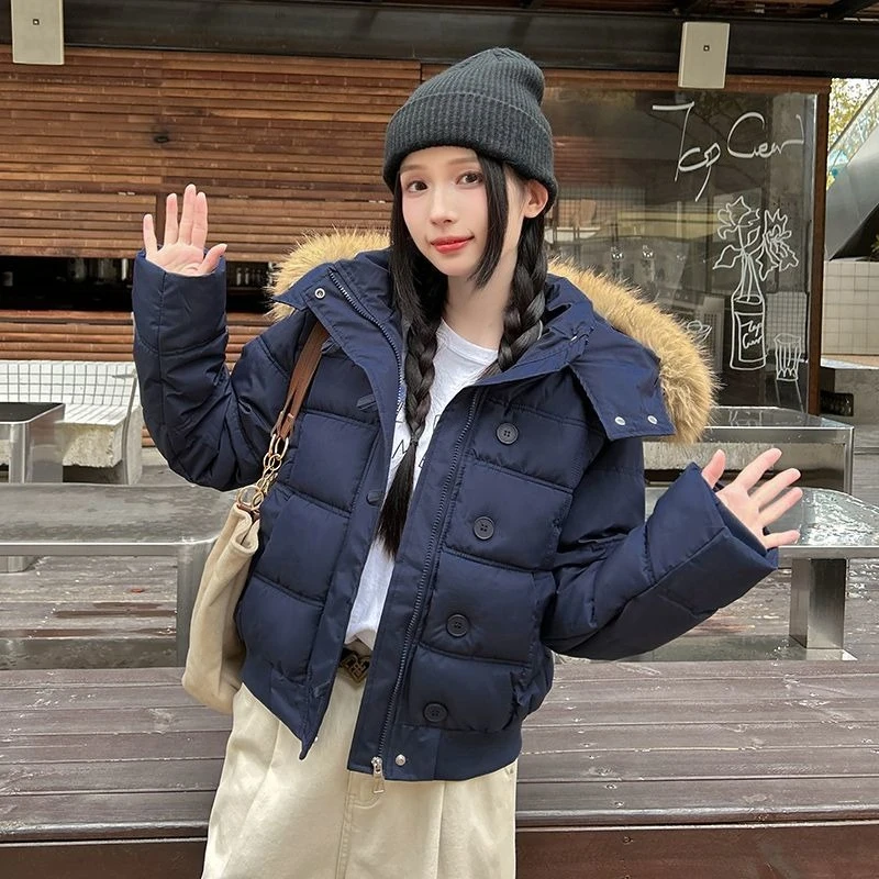 

American Retro Style Long Sleeve Short Hooded Parkas Women Pure Color Vintage Coat Zipper Faux Fur Collar Jacket Autumn Clothing