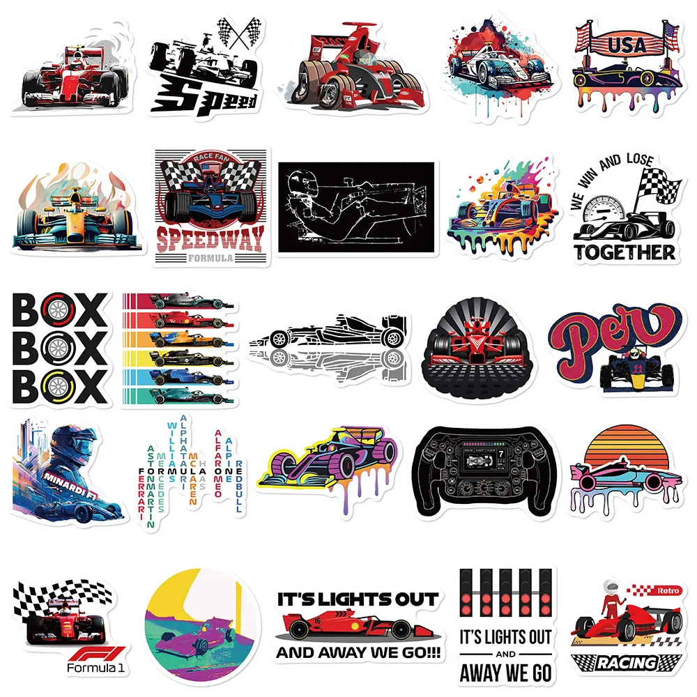50PCS Formula 1 Car Graffiti Sticker Cool Race Car Decals For Laptop Phone Guitar Skateboard Fridge Helmet Waterproof Kids Toys